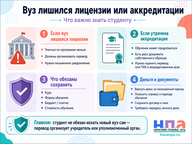 Вуз лишился лицензии или государственной аккредитации во время обучения что делать студенту