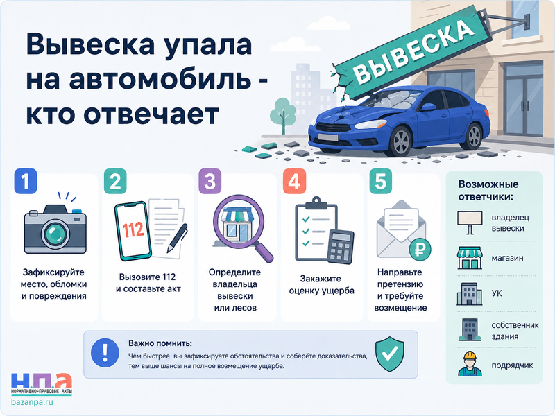 Вывеска, рекламная конструкция или строительные леса упали на автомобиль