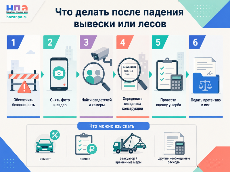 Вывеска, рекламная конструкция или строительные леса упали на автомобиль