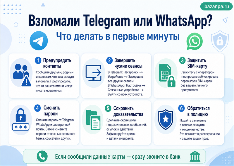 Взломали Telegram или WhatsApp и пишут знакомым от вашего имени что делать владельцу аккаунта