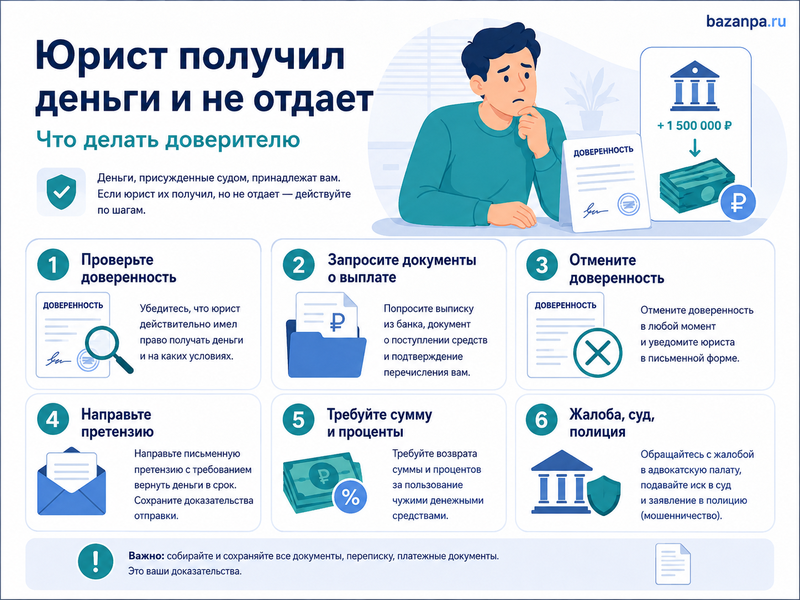 Юрист или адвокат получил присужденные деньги и не отдает доверителю как вернуть сумму