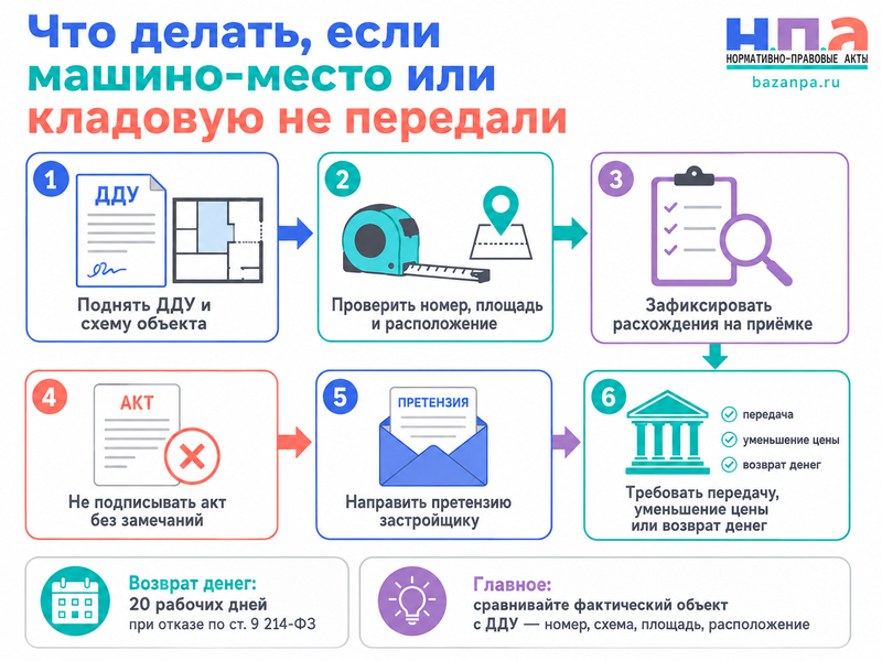 Застройщик не передал машино-место или кладовую что делать, если объект отсутствует, меньше или расположен не там