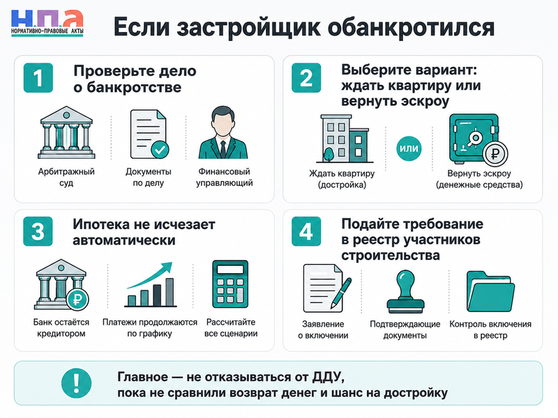 Застройщик обанкротился что будет с квартирой, деньгами на эскроу-счете и ипотекой
