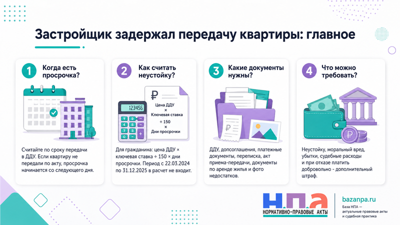 Застройщик задержал передачу квартиры неустойка, претензия и суд
