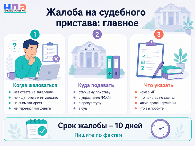 Жалоба на судебного пристава куда подать и что писать, если пристав бездействует